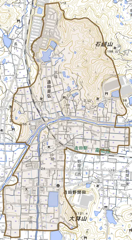 造田是弘とその周辺の地図。町の範囲を重ねている