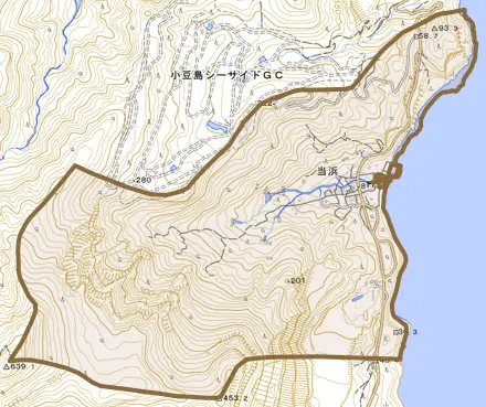 当浜とその周辺の地図。町の範囲を重ねている