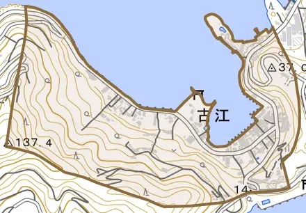 古江とその周辺の地図。町の範囲を重ねている