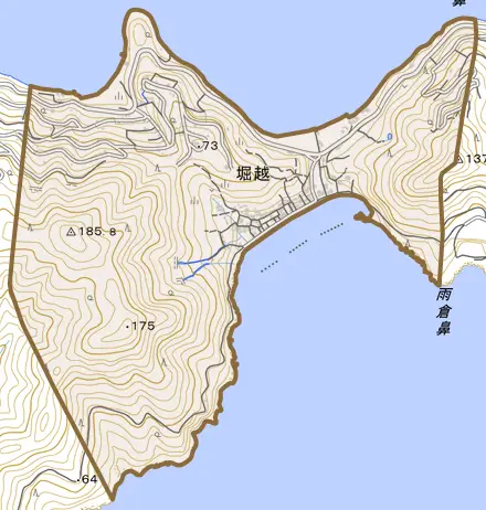 堀越とその周辺の地図。町の範囲を重ねている
