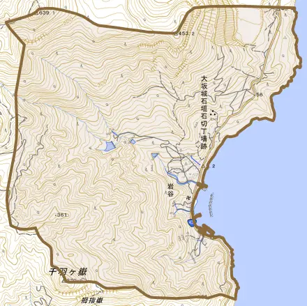 岩谷とその周辺の地図。町の範囲を重ねている