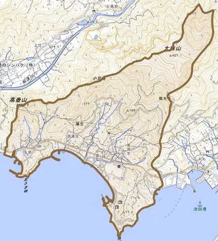 蒲生とその周辺の地図。町の範囲を重ねている