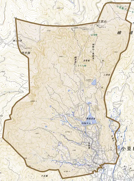 神懸通とその周辺の地図。町の範囲を重ねている