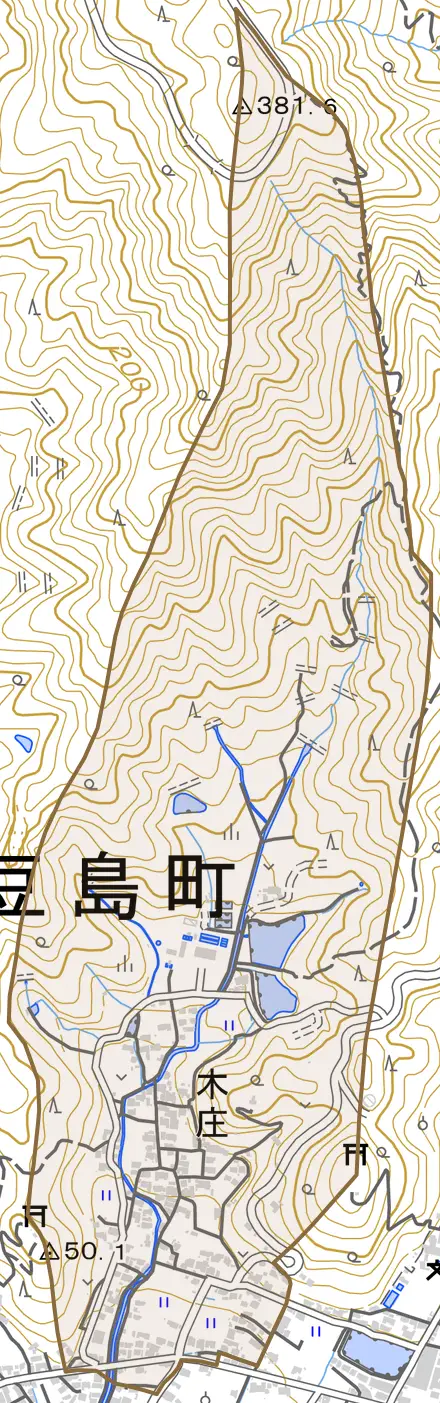 木庄とその周辺の地図。町の範囲を重ねている