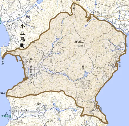 二面とその周辺の地図。町の範囲を重ねている