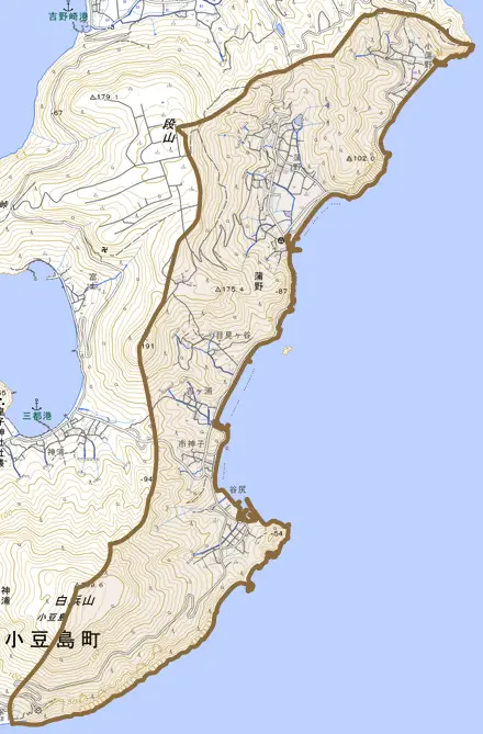 蒲野とその周辺の地図。町の範囲を重ねている