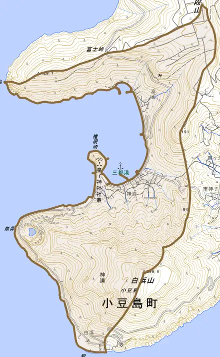 神浦とその周辺の地図。町の範囲を重ねている