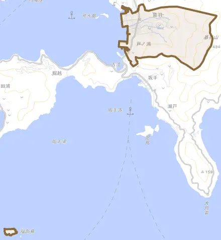 苗羽とその周辺の地図。町の範囲を重ねている