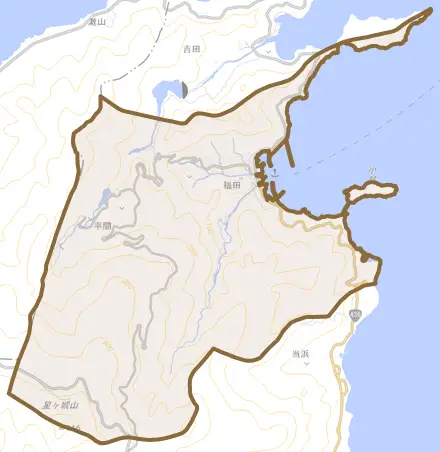 福田とその周辺の地図。町の範囲を重ねている