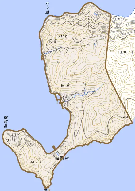 田浦とその周辺の地図。町の範囲を重ねている