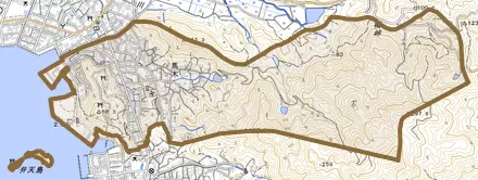 馬木とその周辺の地図。町の範囲を重ねている
