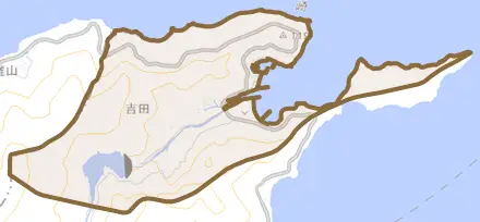 吉田とその周辺の地図。町の範囲を重ねている