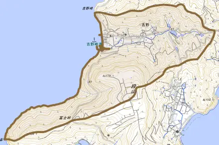 吉野とその周辺の地図。町の範囲を重ねている