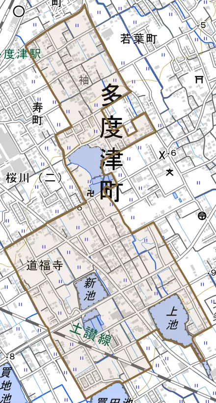 大字道福寺とその周辺の地図。町の範囲を重ねている