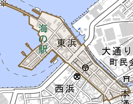 東浜とその周辺の地図。町の範囲を重ねている