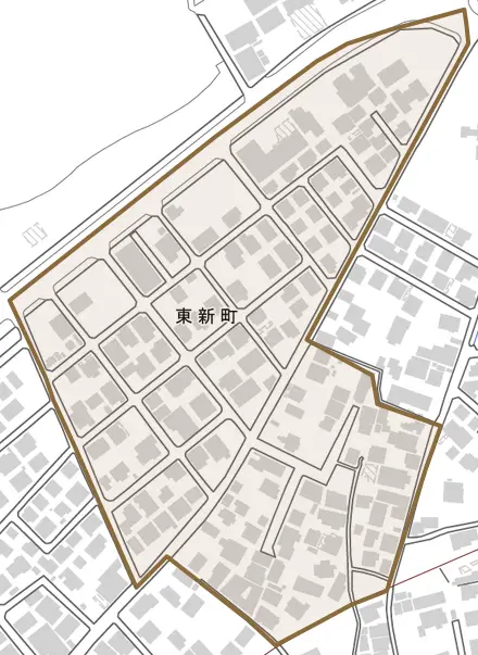 東新町とその周辺の地図。町の範囲を重ねている