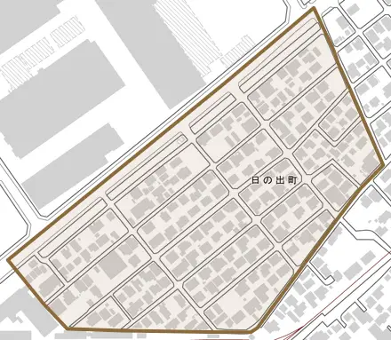 日の出町とその周辺の地図。町の範囲を重ねている