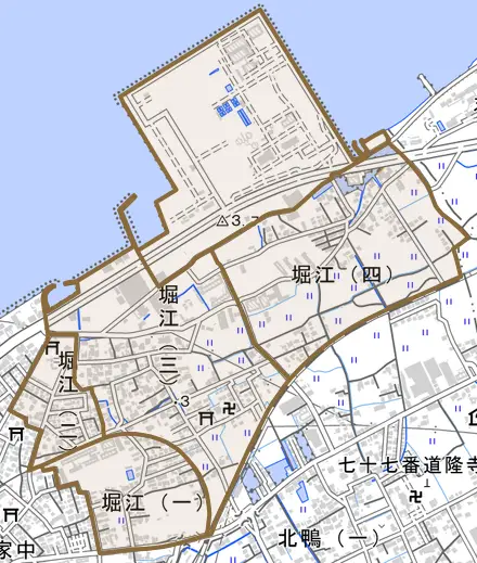 堀江とその周辺の地図。町の範囲を重ねている