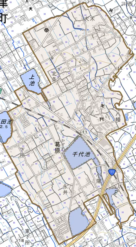 大字葛原とその周辺の地図。町の範囲を重ねている