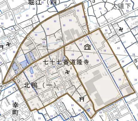 北鴨とその周辺の地図。町の範囲を重ねている