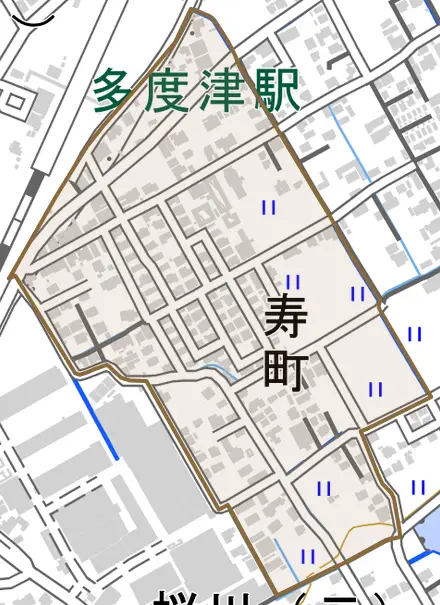 寿町とその周辺の地図。町の範囲を重ねている