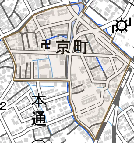 京町とその周辺の地図。町の範囲を重ねている