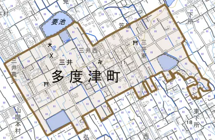 大字三井とその周辺の地図。町の範囲を重ねている