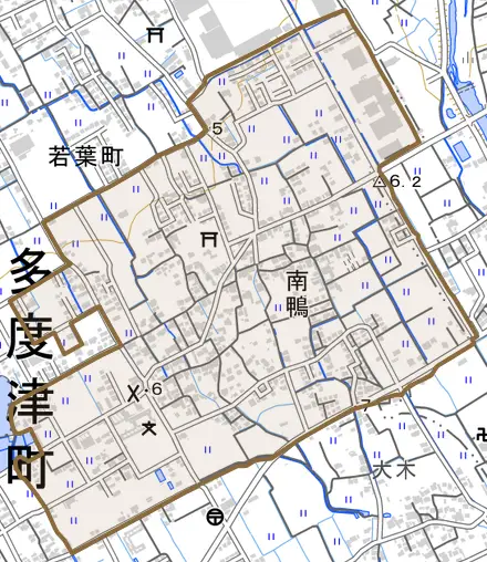 大字南鴨とその周辺の地図。町の範囲を重ねている