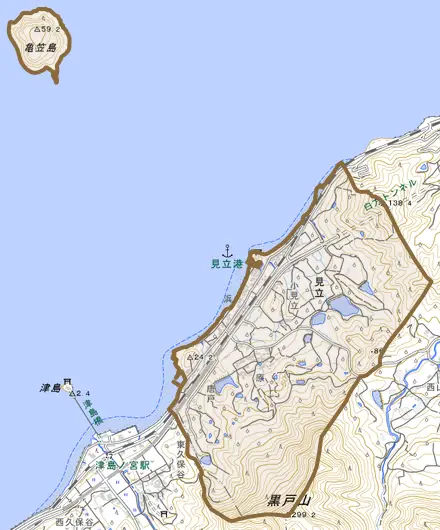 大字見立とその周辺の地図。町の範囲を重ねている