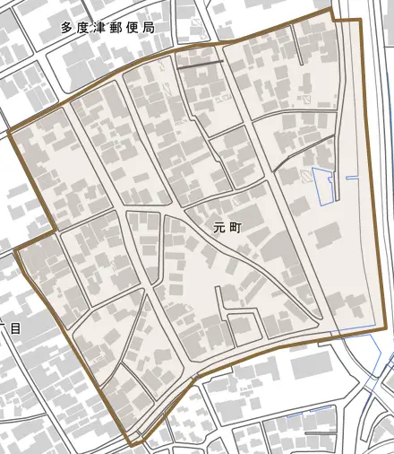 元町とその周辺の地図。町の範囲を重ねている