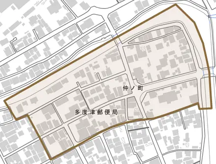 仲ノ町とその周辺の地図。町の範囲を重ねている