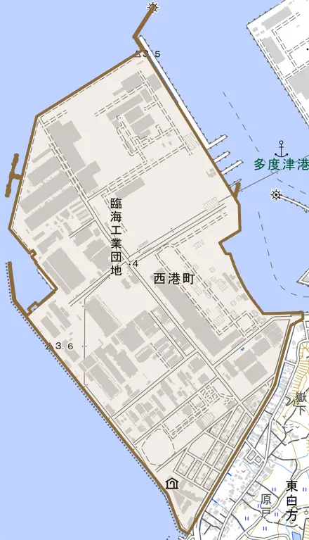 西港町とその周辺の地図。町の範囲を重ねている
