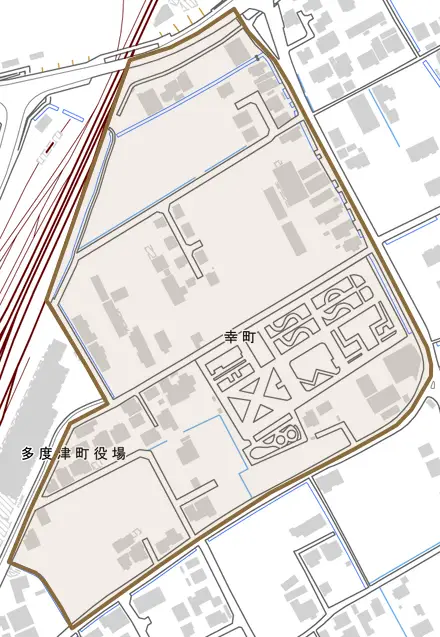 幸町とその周辺の地図。町の範囲を重ねている
