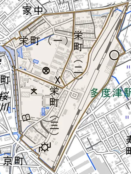 栄町とその周辺の地図。町の範囲を重ねている