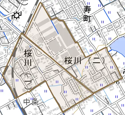 桜川とその周辺の地図。町の範囲を重ねている