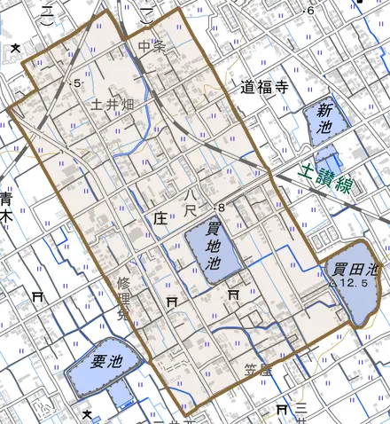 大字庄とその周辺の地図。町の範囲を重ねている