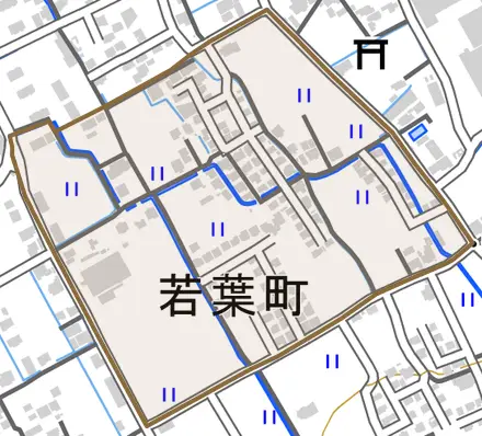 若葉町とその周辺の地図。町の範囲を重ねている