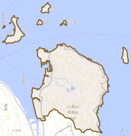 庵治町とその周辺の地図。町の範囲を重ねている