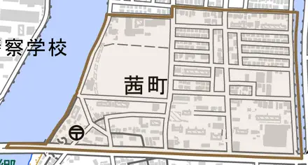 茜町とその周辺の地図。町の範囲を重ねている