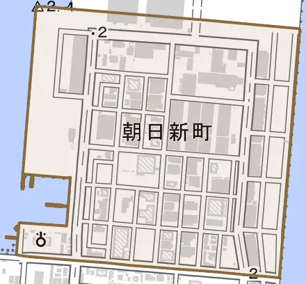 朝日新町とその周辺の地図。町の範囲を重ねている