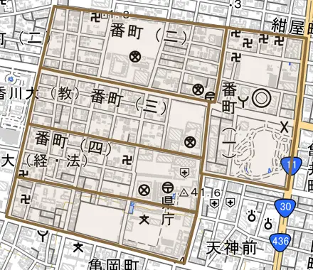 番町とその周辺の地図。町の範囲を重ねている