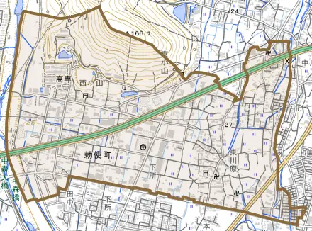 勅使町とその周辺の地図。町の範囲を重ねている