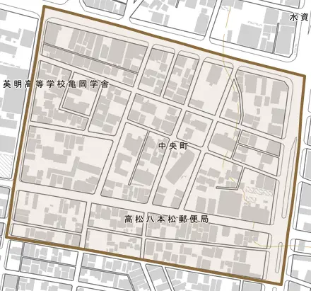 中央町とその周辺の地図。町の範囲を重ねている