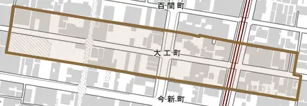 大工町とその周辺の地図。町の範囲を重ねている