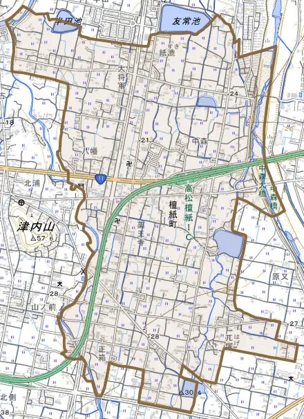 檀紙町とその周辺の地図。町の範囲を重ねている