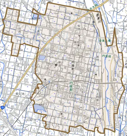 円座町とその周辺の地図。町の範囲を重ねている