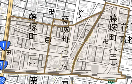 藤塚町とその周辺の地図。町の範囲を重ねている