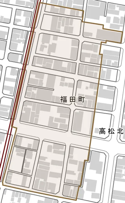 福田町とその周辺の地図。町の範囲を重ねている