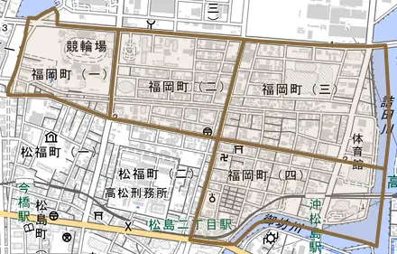 福岡町とその周辺の地図。町の範囲を重ねている
