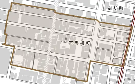 古馬場町とその周辺の地図。町の範囲を重ねている